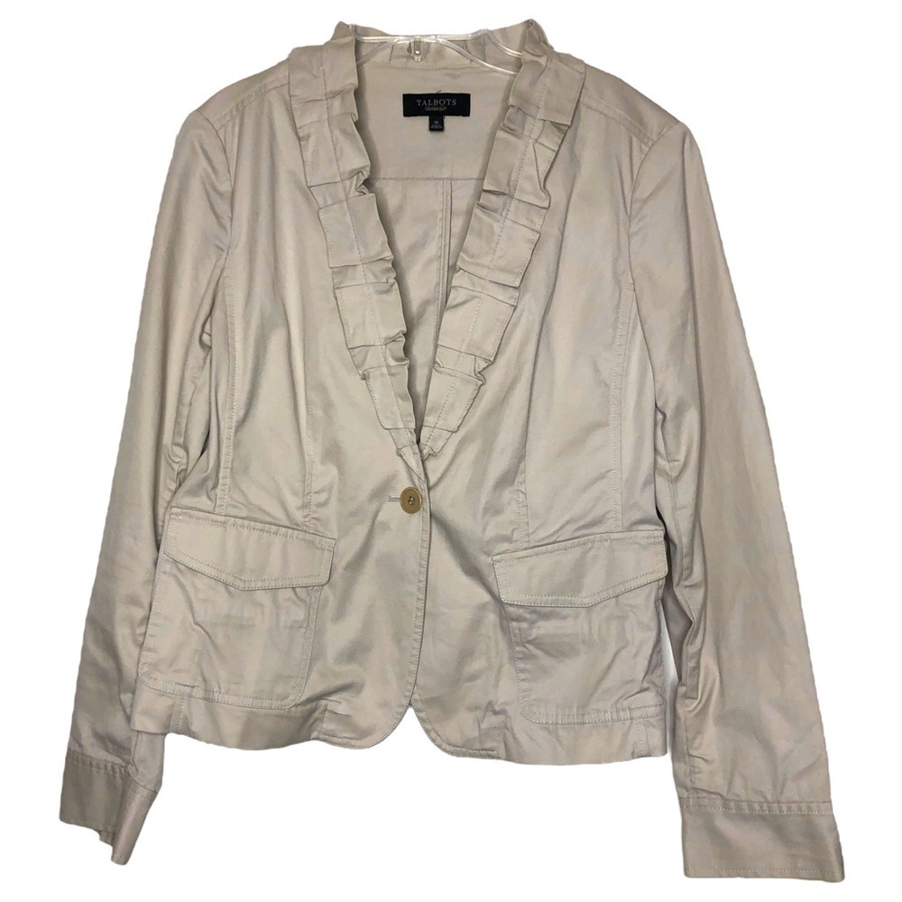 Talbots - Cotton Blend Light Khaki Tan Blazer with Puckered Collar - Size 10